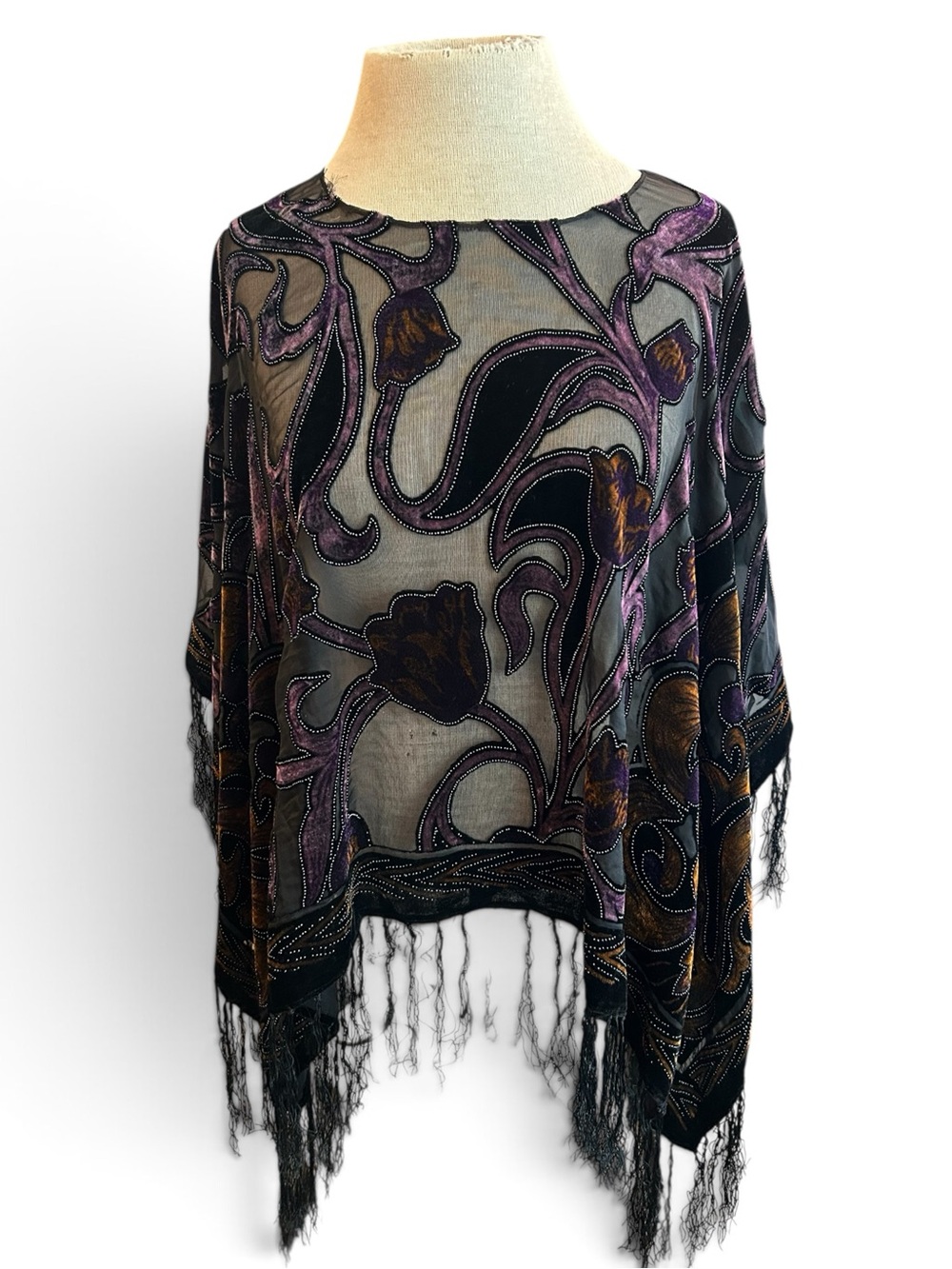 Sheer Velvet Burnout Floral ShawlPoncho - Black & Purple